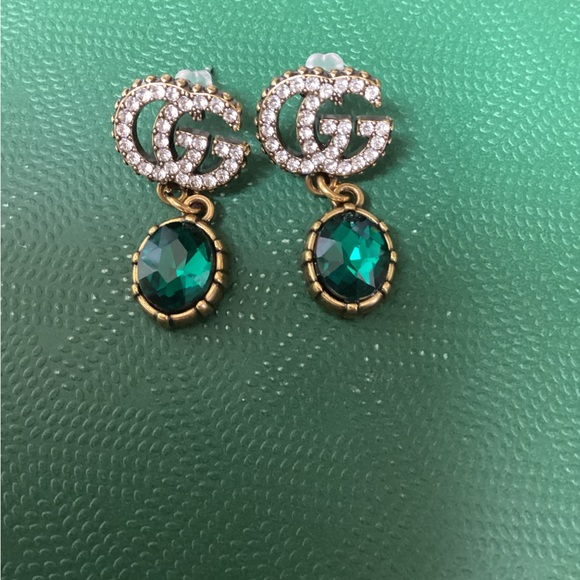 Jewelry - Crystal Double G Drop Earrings with Emerald Green Stones